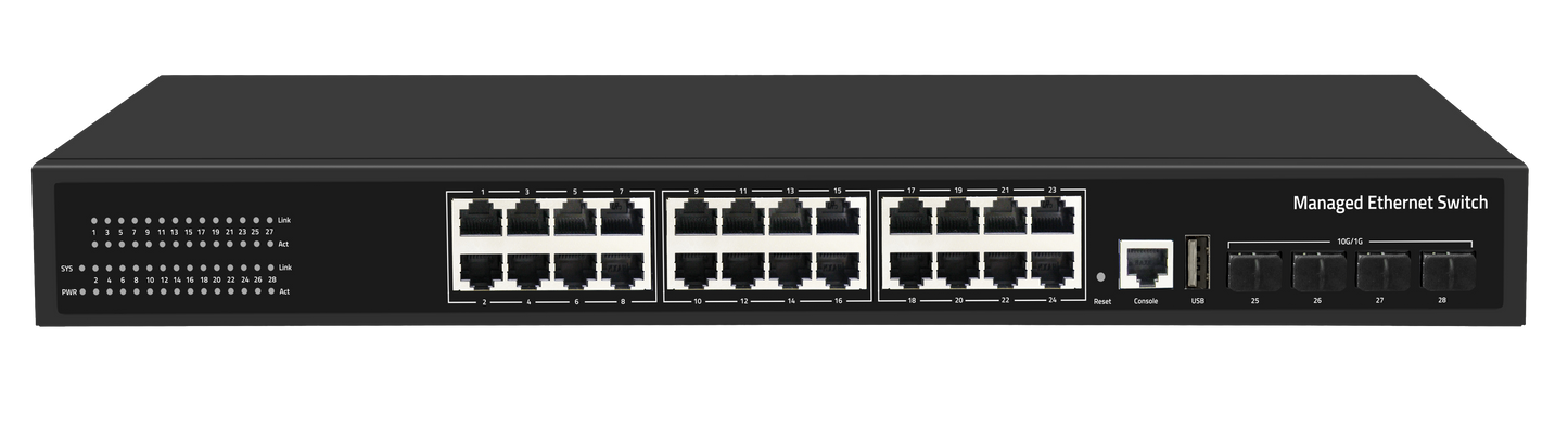 28-PORT 10G UPLINK L3 MANAGED POE ETHERNET SWITCH 4-PORT 1/10G SFP 24-PORT 10/100/1000BASE-T RJ45 1-CONSOLE PORT